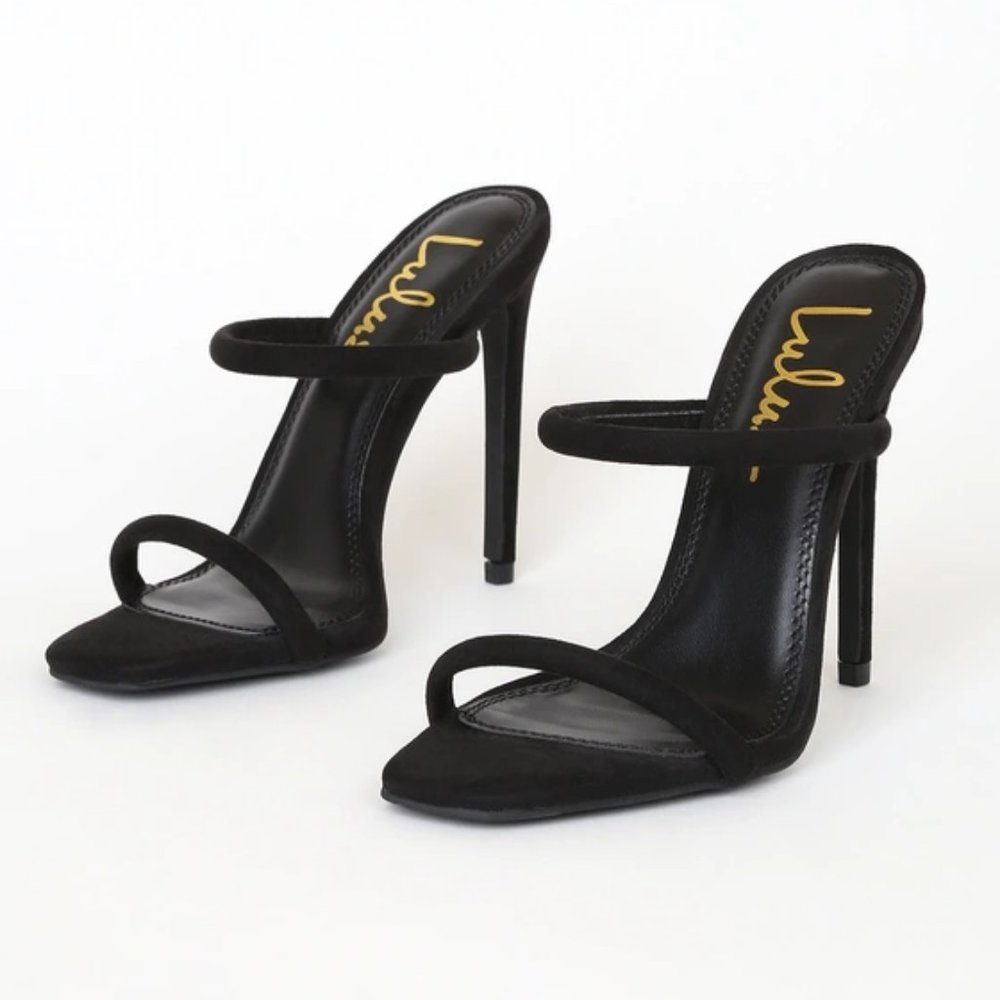 Theyaa Black Suede Square-Toe High Heel Sandals